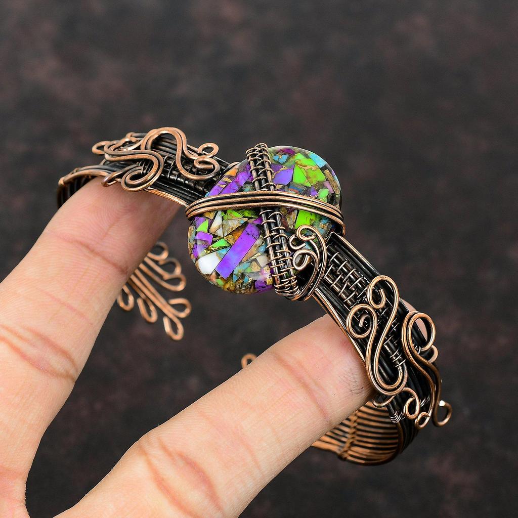 Fiesta Kingman Бирюзовый браслет Медная проволока Обернутый браслет Мультимедный бирюзовый браслет-манжета Регулируемый браслет Ювелирные изделия с медными драгоценными камнями