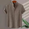 Мужская летняя однотонная рубашка с коротким рукавом из хлопка и льна с воротником-стойкой, повседневные топы