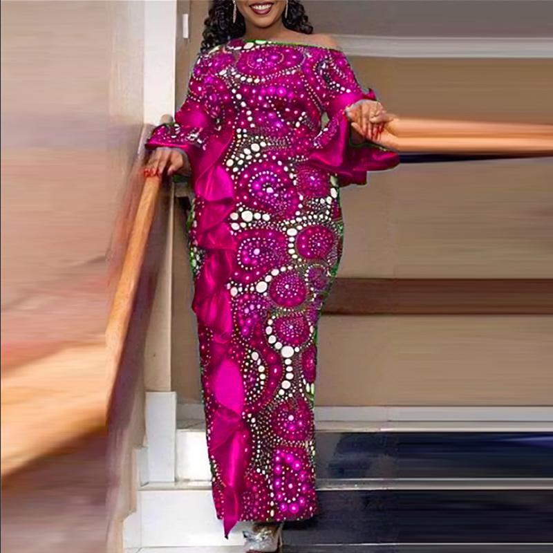 Женские платья больших размеров с открытыми плечами, оборками и длинными рукавами с принтом