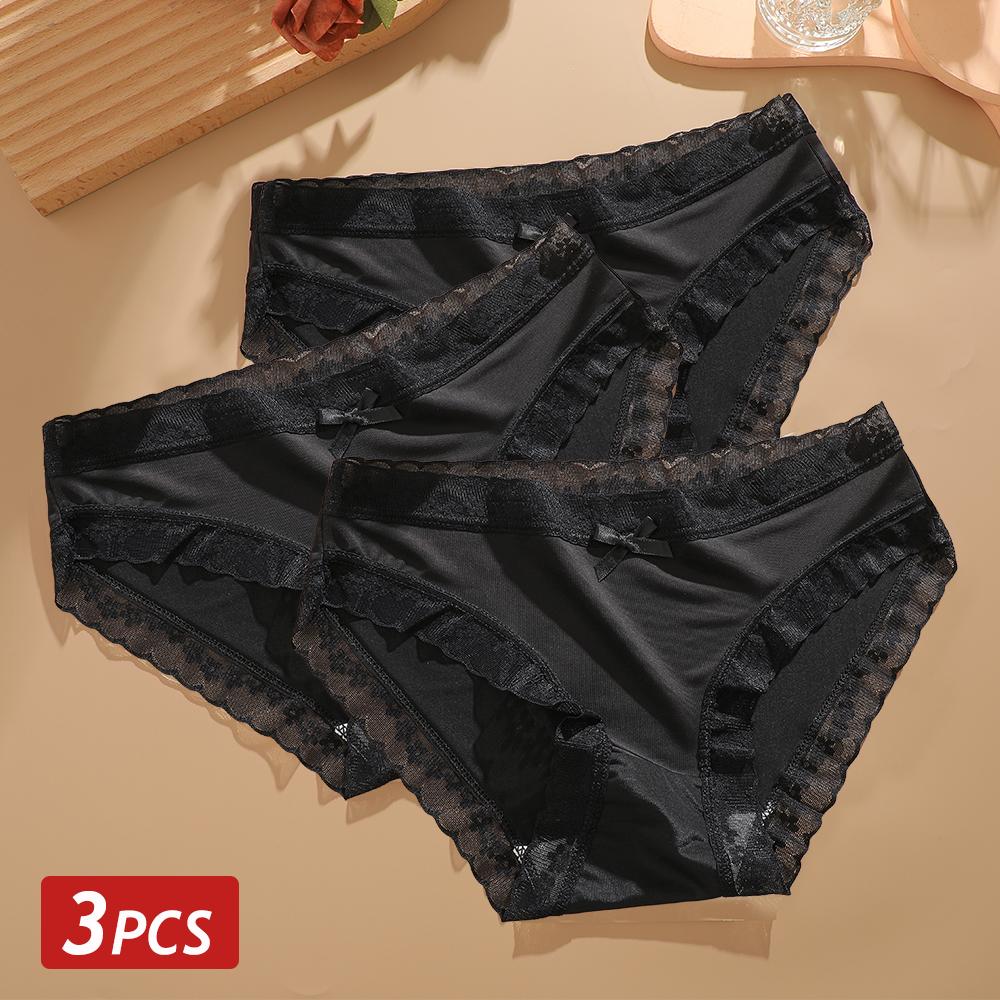 3PCS/Set Seamless Panties Ice Silk Lace Perspective Briefs Ultra Thin Breathable Underwear Cool Summer Female Sexy Lingerie