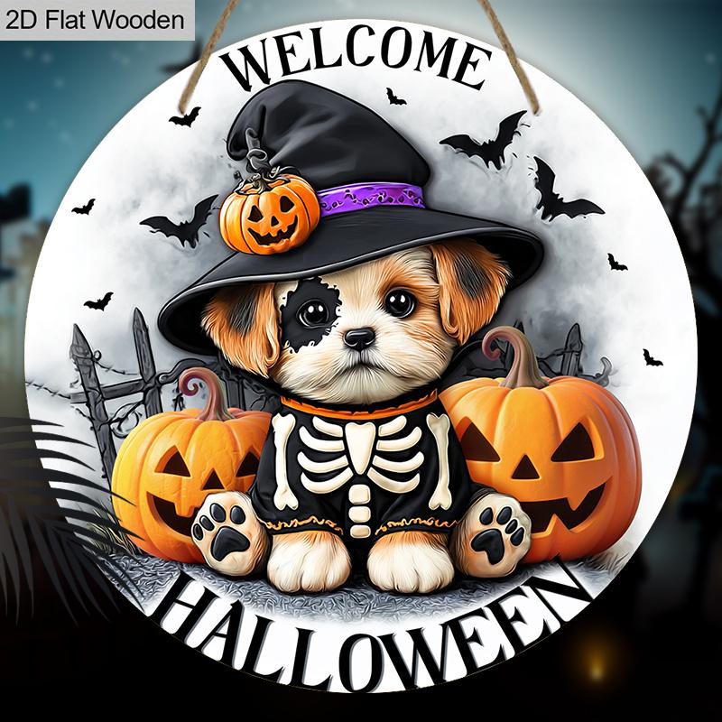 Halloween Wooden Welcome Sign with Dog & Pumpkin Pattern - Charming Figurine Ornaments - Ideal for Front Door, Wall, Room Decor