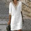 Летнее женское платье с вырезом крючком и V-образным вырезом с короткими рукавами, подходящее по цвету свободное ретро длиной до колена, мягкое дышащее повседневное платье миди для свиданий