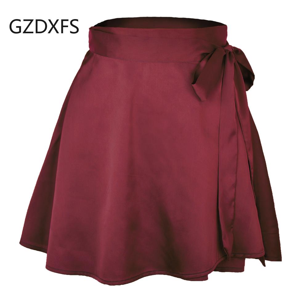 Сплошная цветная юбка с высокой талией, модная цельная короткая юбка на шнуровке, шифоновая атласная юбка с запахом