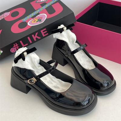 Французские ретро туфли Мэри Джейн женские 2025 новые осенние с круглым носком на толстом каблуке одинарные туфли с юбкой с неглубоким вырезом универсальные маленькие кожаные туфли