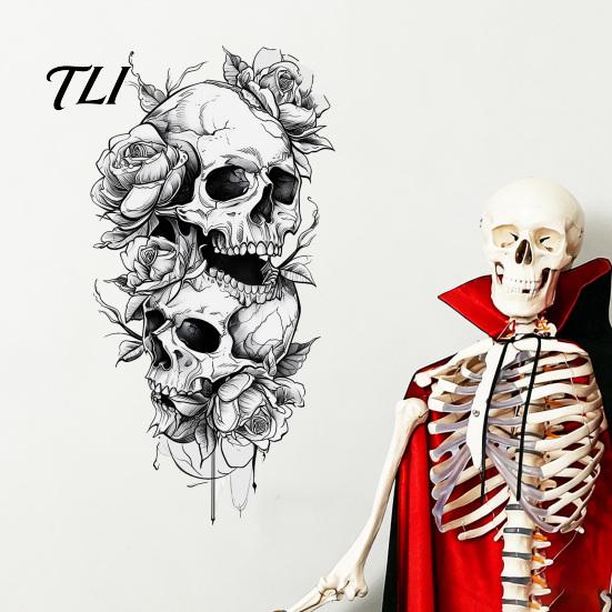 Spooky Party Wall Stickers Halloween Double Skull Rose Sticker, PVC Waterproof Decals, Peel And DIY Skeleton Art for Walls Stick Decor, Removable