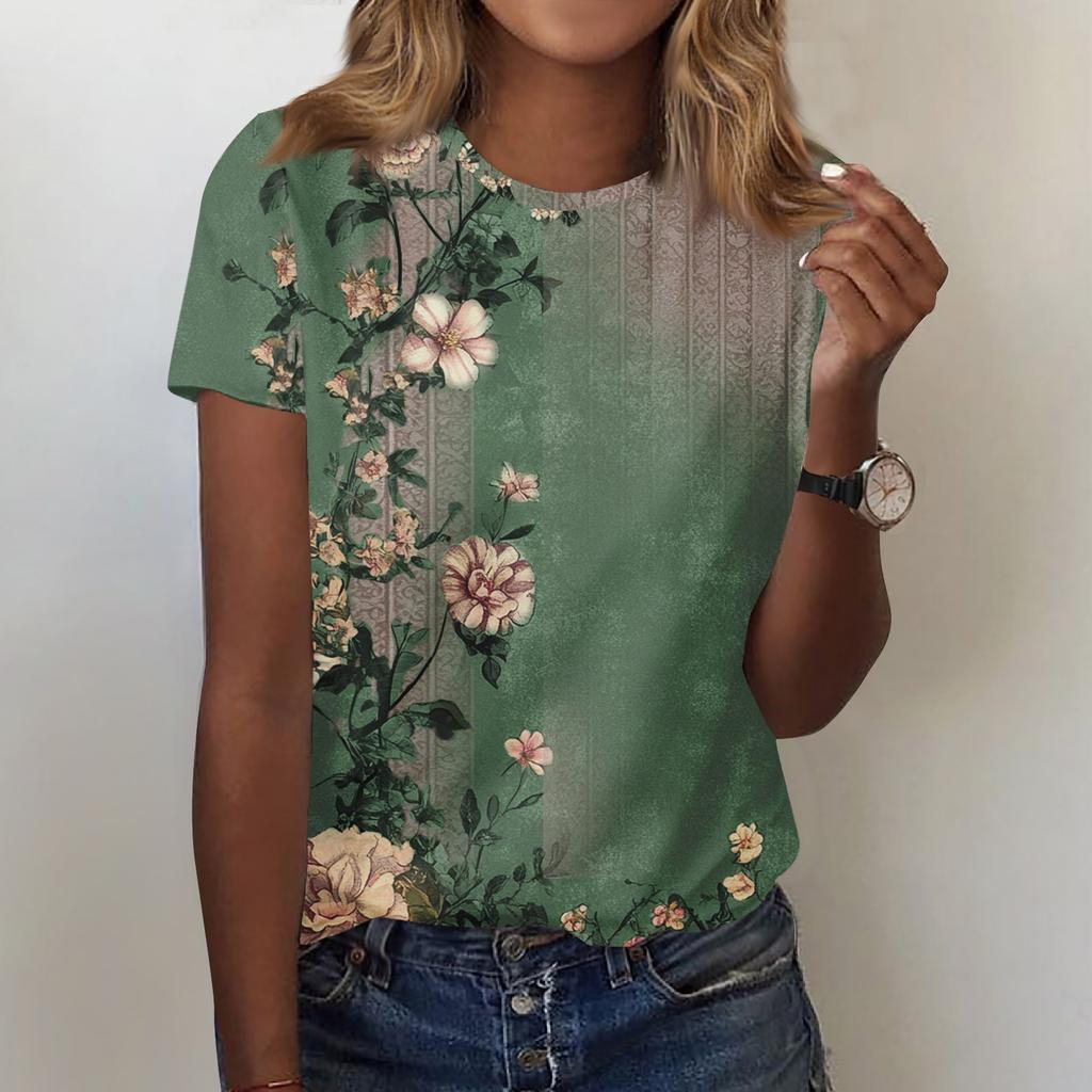 Women's Fashion Casual Printed Round Neck Short Sleeved T-Shirt Top T-Shirt Top Top