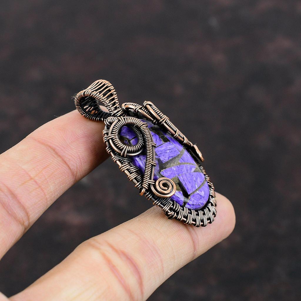 Медный кулон с чароитом, медная проволока, кулон, кулон с драгоценным камнем, кулон ручной работы, антикварный медный ювелирный подарок для нее, новый кулон