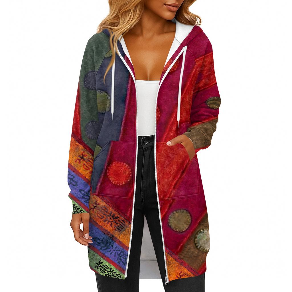 Women's Fashionable Printed Long Sleeved Drawstring Hooded Zipper Pocket Long Casual Sweatshirt Jacket