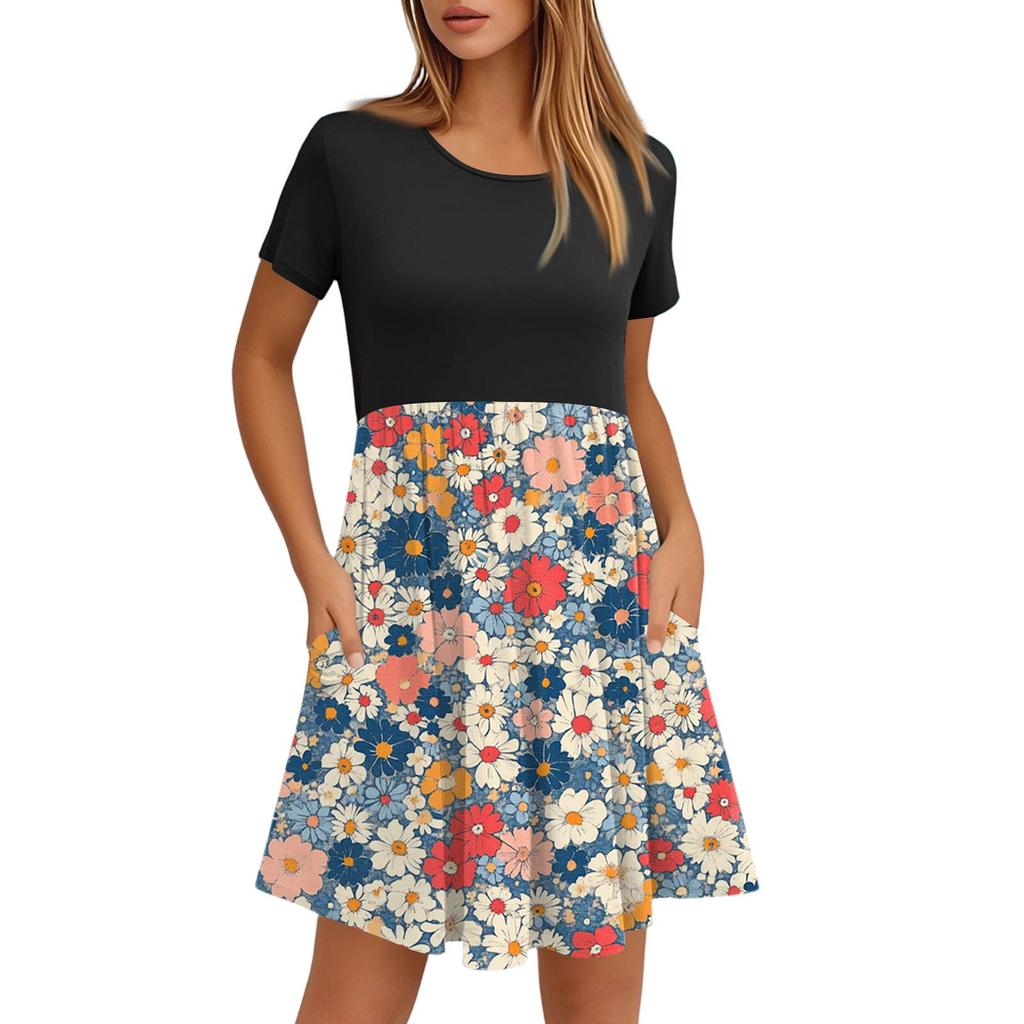 Women's Fashion Casual Loose Round Neck Short Sleeve Printed Pocket Dresses