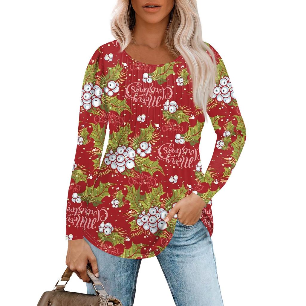 Женская повседневная футболка с круглым вырезом и длинными рукавами с рождественским принтом и складками