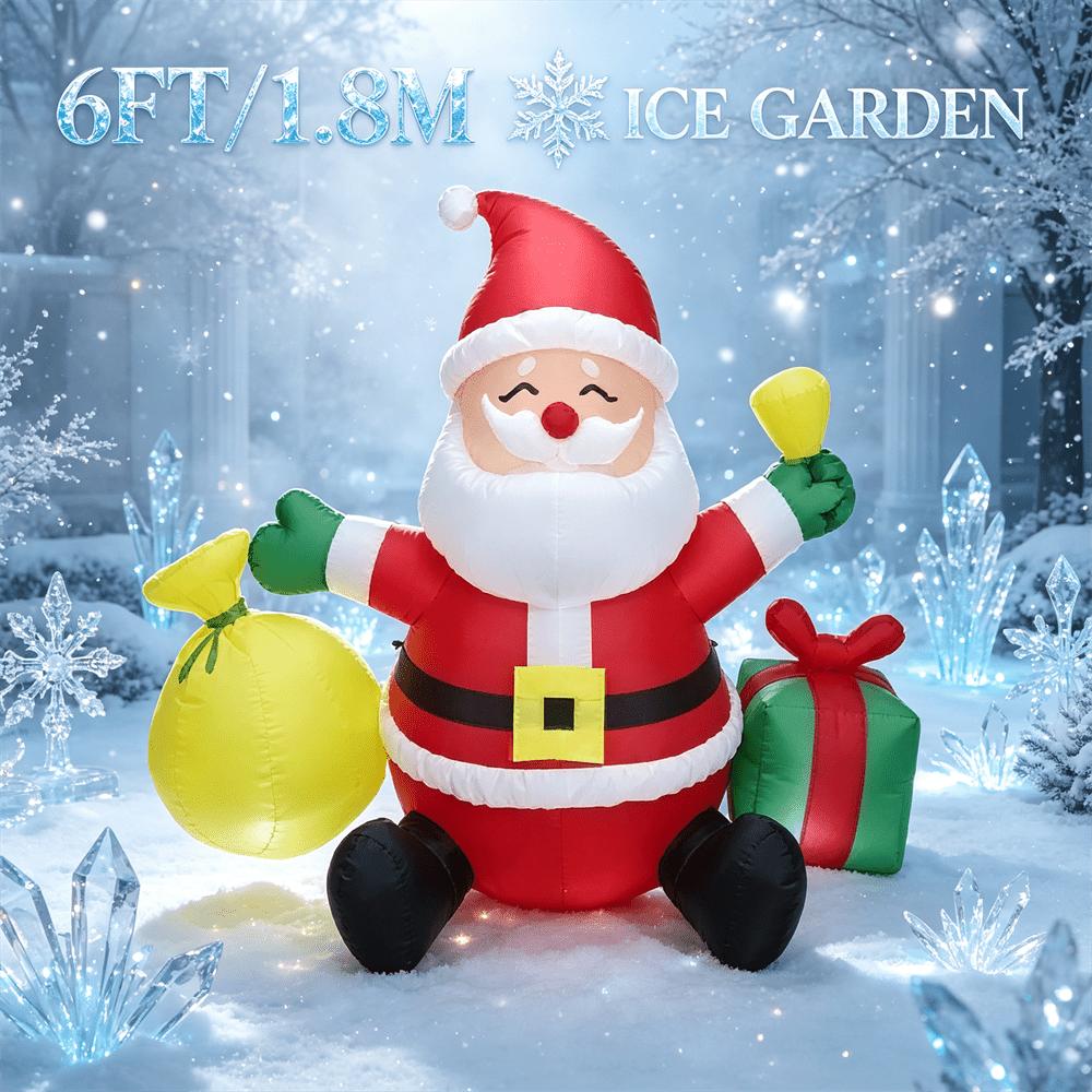 6FT Christmas Inflatable Sitting Santa Claus with Gift Bag & Present Box, LED Blow Up Santa, Outdoor Lawn Holiday Decor