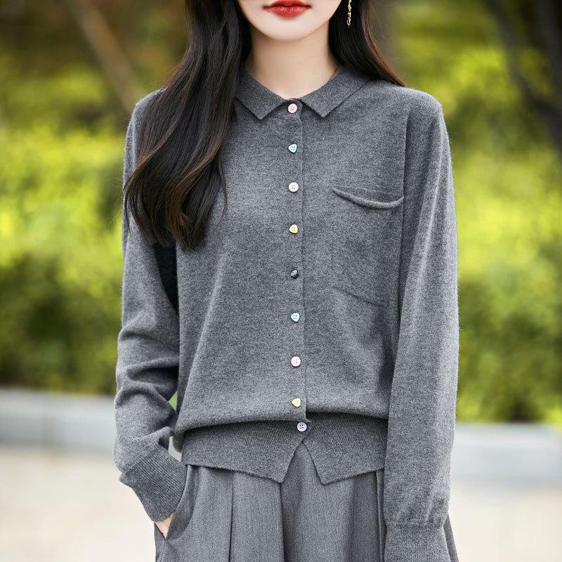 Spring/Summer 2026 Women's 100% Wool Polo Neck Long Sleeve Knit Cardigan Jacket with Colorful Buttons