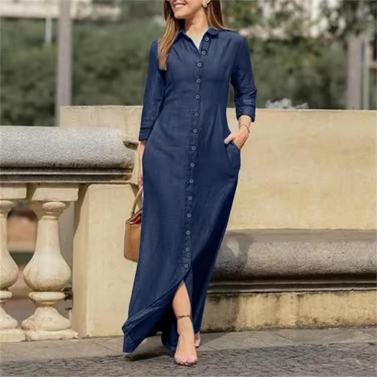 Women Casual Denim Shirt Dress Long Sleeve Button Down Collar Flip Tie Pocket Long Skirt Comfortable New Fashion Autumn