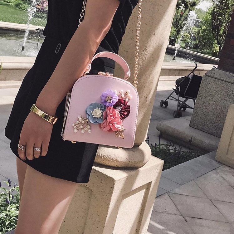 Women Fashion Casual Chain Box Bag Shoulder Bag Pearl Flower PU Leather