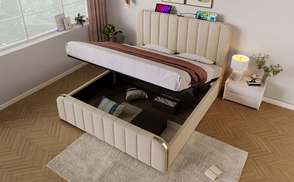 (=AB20024849B)Upholstered Bed, Headboard with Golden Stripes, USB Type-C Charging, 160*200 cm, Beige Linen Hydraulic Storage Bed (Without Mattress)