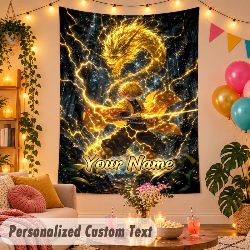 Zenitsu Agatsuma Personalized Wall Tapestry Custom Name Text Polyester Hanging Decor Home Room