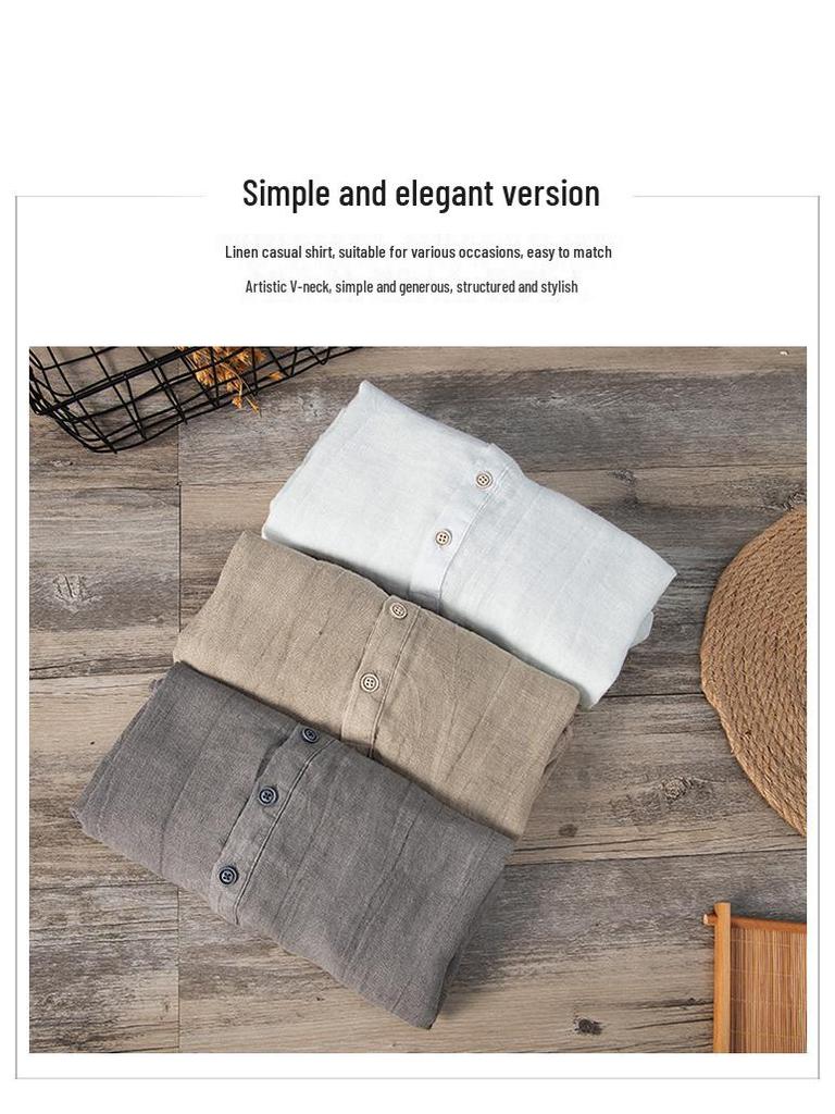 Men's Retro V-Neck Linen Stand Collar Short Sleeve T-Shirt - Plus Size, Thin & Breathable