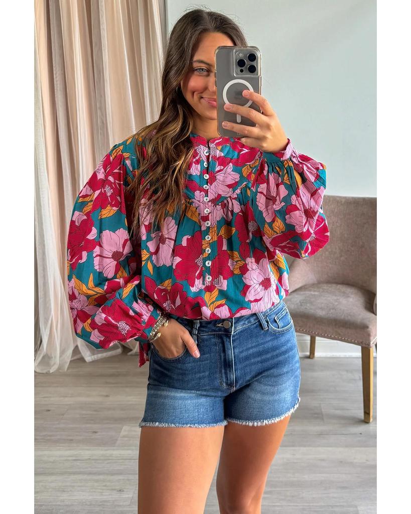 Azura Exchange Red Floral Printed Balloon Sleeve Half Buttons Blouse
