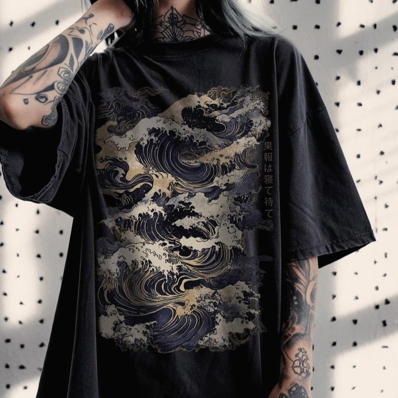Abstract Japanese Waves Ukiyo-e T-shirt Ocean Wave Sea Water Trending Graphic Tee Y2K Retro Print Harajuku WoUnisex Vintage Tops