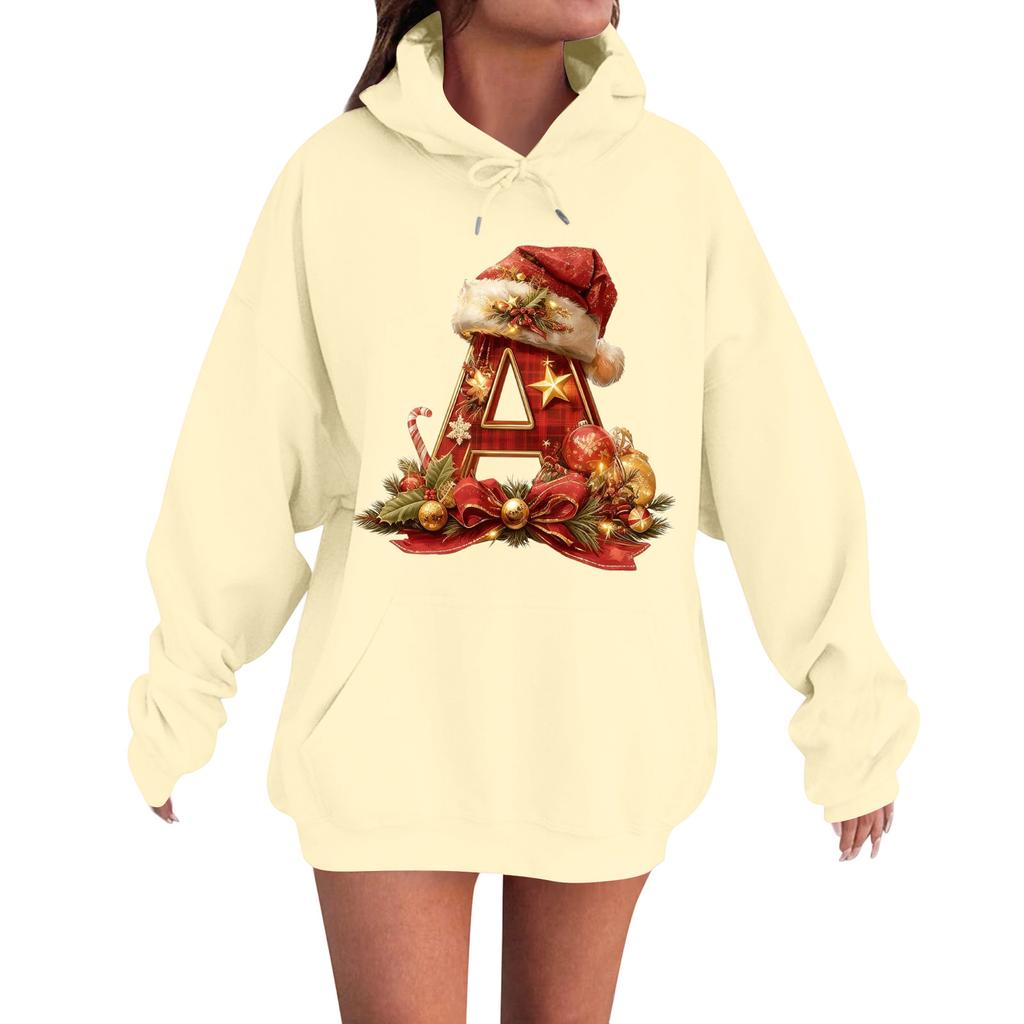 Women's Casual Comfortable Long-Sleeved Christmas Letter-Printed Warm Hooded Crew-Neck Sweatshirt