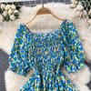 Women's Chic Sweet Slim Square Neck Bubble Sleeve Floral Dress Super Fairy Temperament A-line Dress