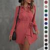 Early Autumn European & American Red Long-Sleeve Lapel Fashion Shirt Dress