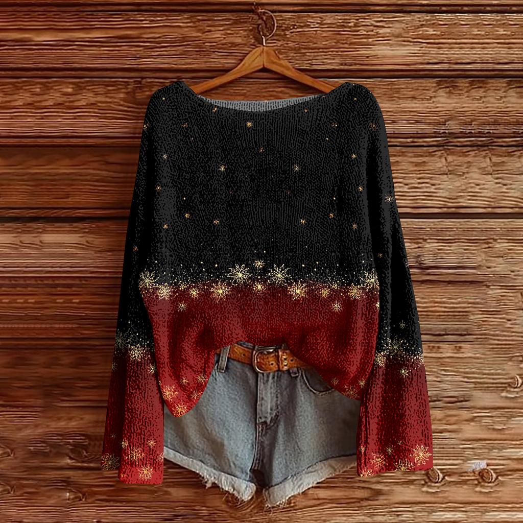 Women's Christmas Print Lightweight Sweater Casual Long Sleeve Knitted Pullover