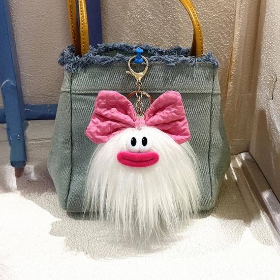 Yousheng Keychain Cartoon Plush Doll Wearing Big Bowknot Decor Big Mouth Design Charm Key Chain Keys Backpacks Cars Accessories