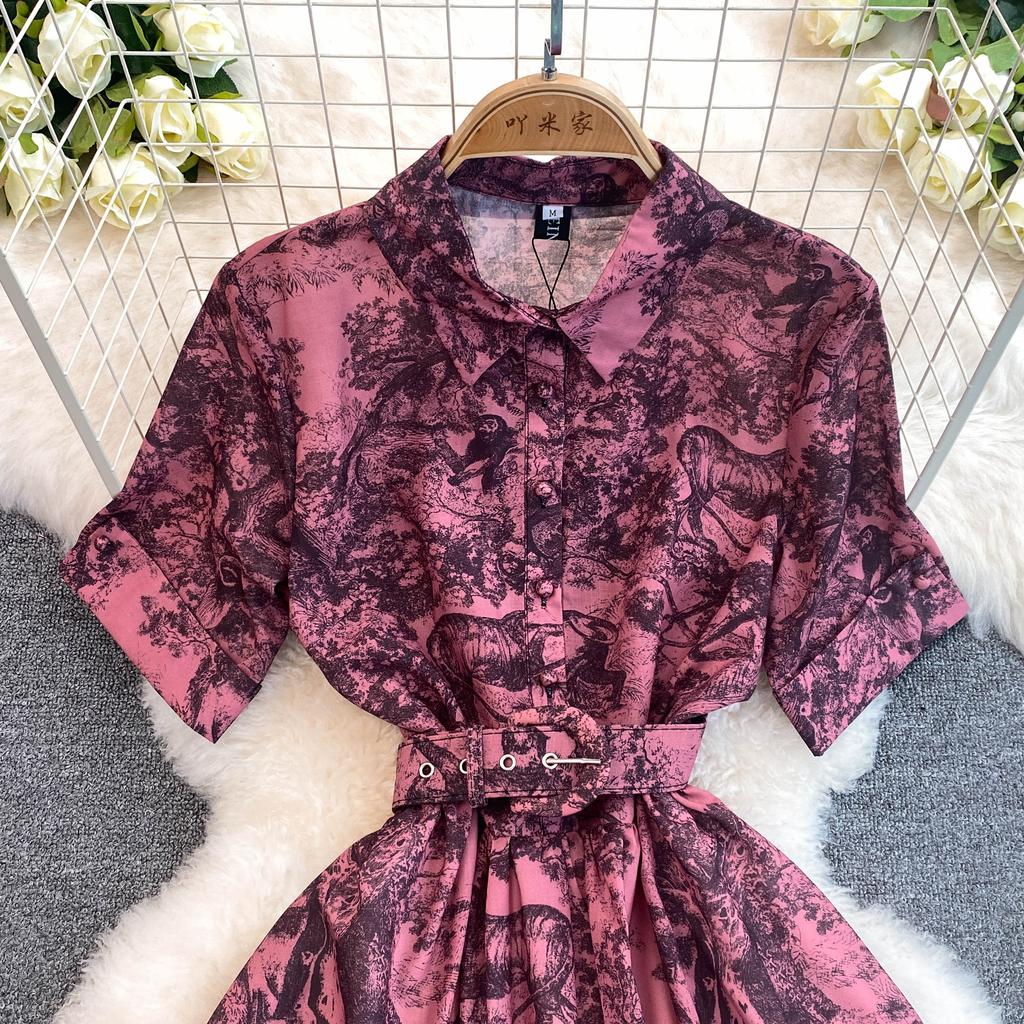 Винтажное платье с принтом, женское платье-рубашка трапециевидной формы с короткими рукавами и лацканами, женские элегантные летние длинные халаты трапециевидной формы, Vestidos