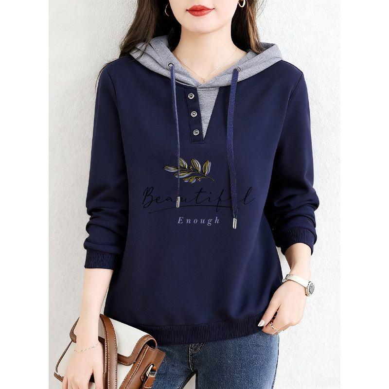 Sale for Foreign Trade Export: 100% Pure Cotton Long-Sleeve Stylish Hooded T-Shirt for Women, Autumn, Plus Size, Casual Base Shirt, Trendy Top