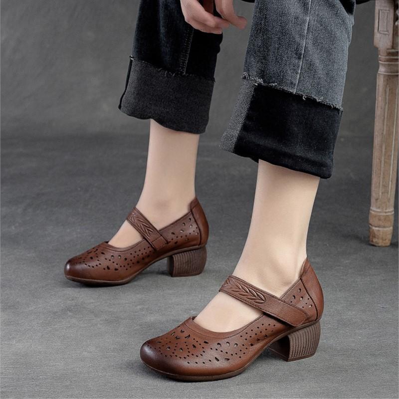 Johnature Женские сандалии, летние туфли-лодочки из натуральной кожи в стиле ретро, ​​удобная дышащая женская обувь на среднем каблуке