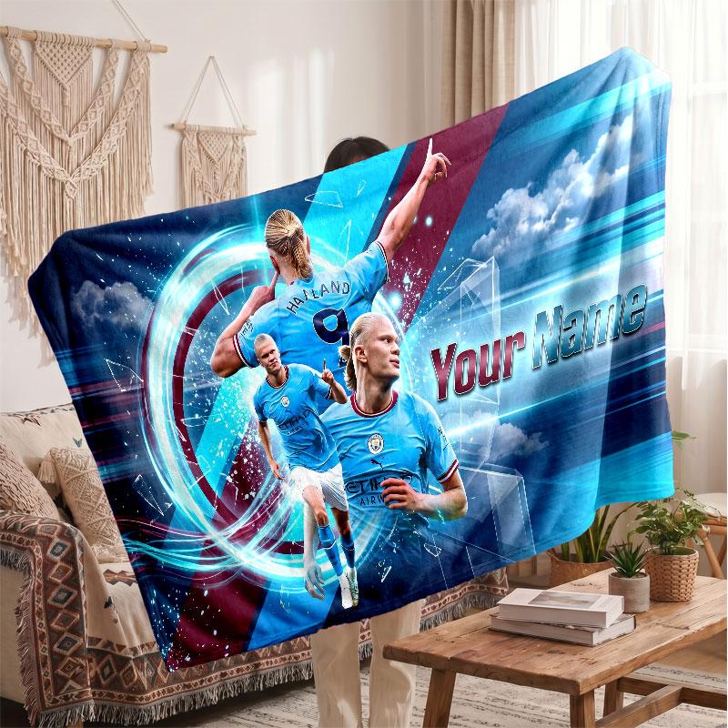 Erling Haaland Personalized Fleece Blanket With Football Logo, Custom Name Text Soft Warm Home Throw Blanket