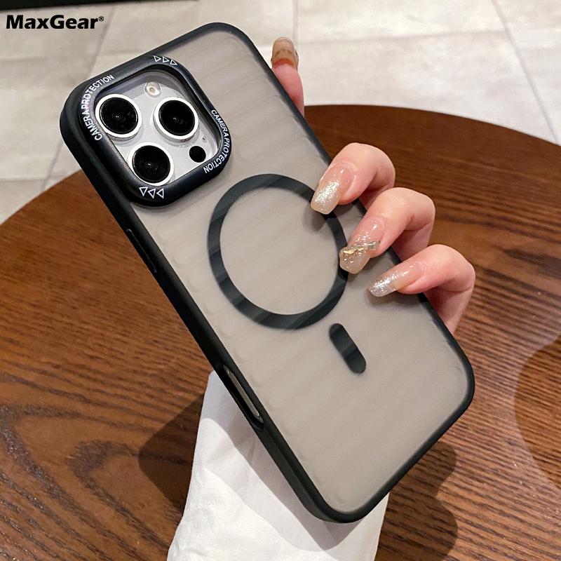 Матовый прозрачный чехол с металлическим кольцом для объектива для iPhone 16 15 14 Plus 13 12 11 Pro Max Stripe Magnetic Wireless Charger Cover