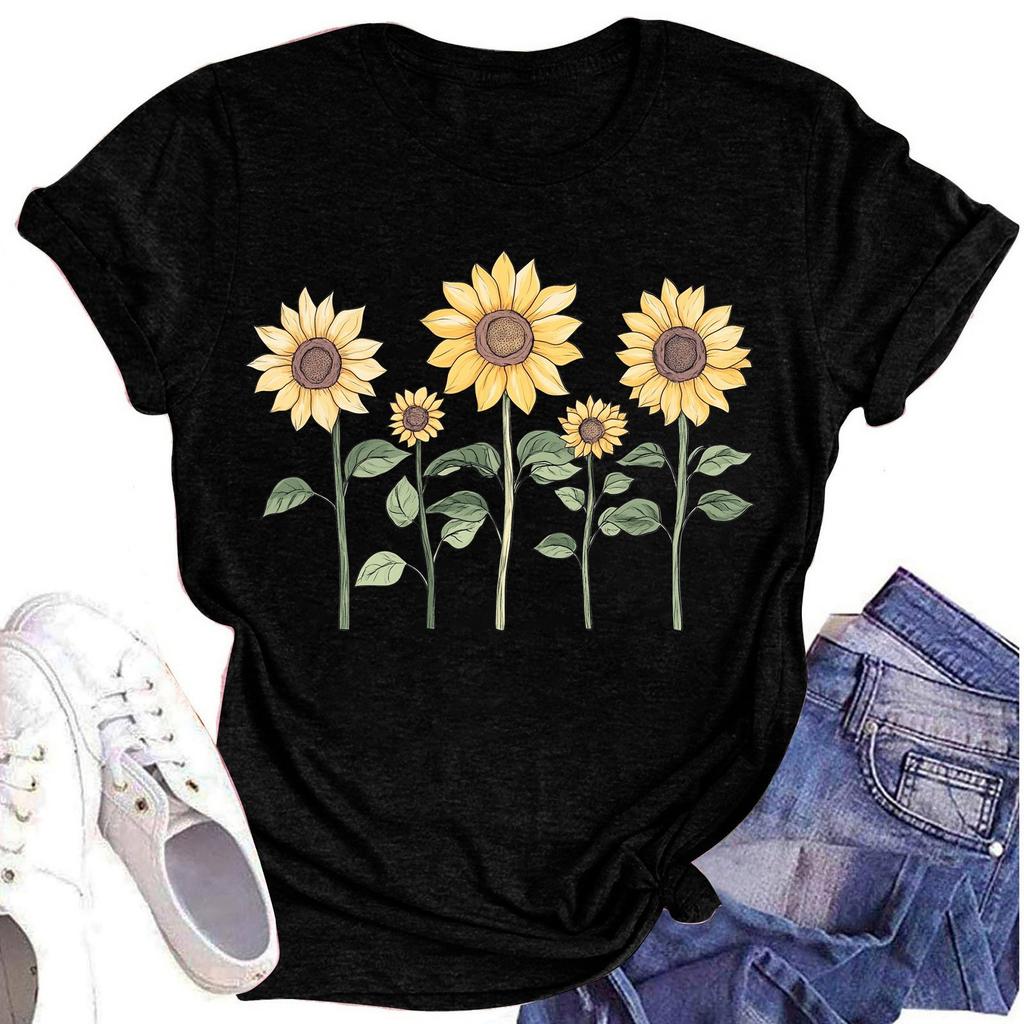 Женская повседневная футболка с круглым вырезом и цветочным принтом, короткий рукав