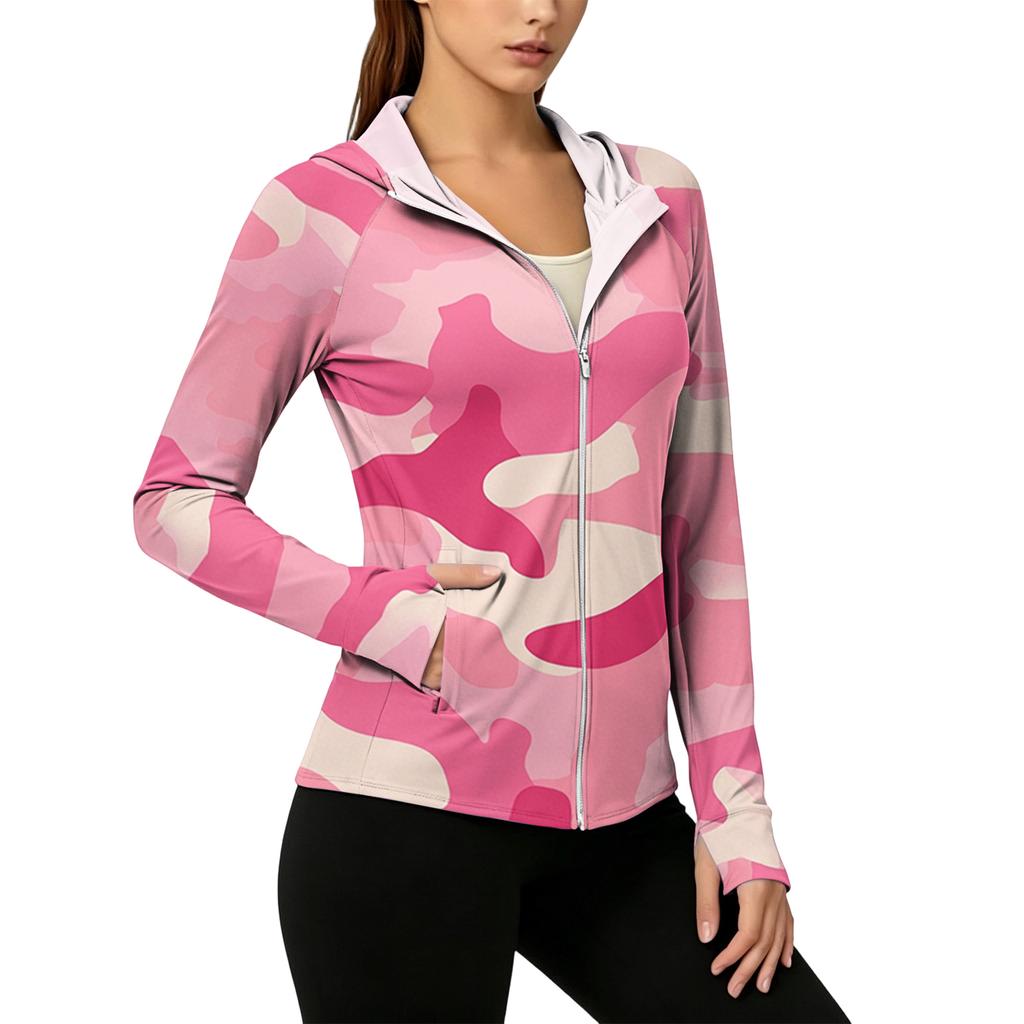 Women's Lightweight Zip Up Hoodie with Hood and Pockets Long Sleeve Camouflage Sun Protection Jacket for Outdoor Activities