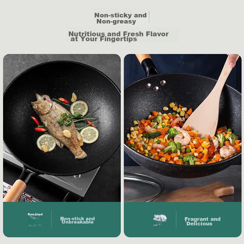 MAXCOOK Non-Stick Wok, Iron with Lid And Wooden Spatula, 32cm, Non-Stick Coating, Compatible with Gas And Induction Cooktops, MCC559