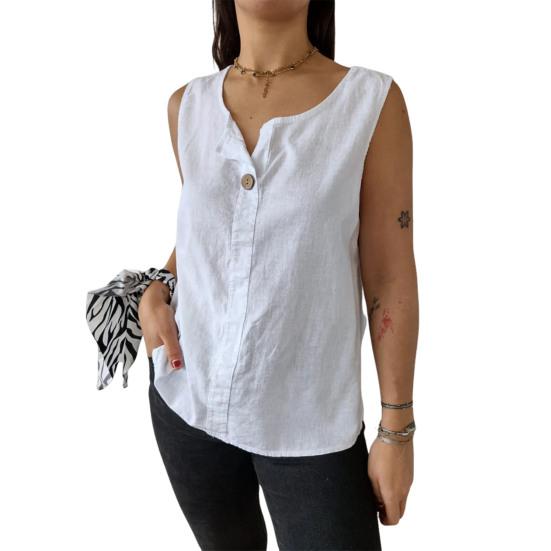 Women Vest Sleeveless Button Decoration Casual Tank Tops Solid Color Cotton Linen Lightweight Breathable Tops