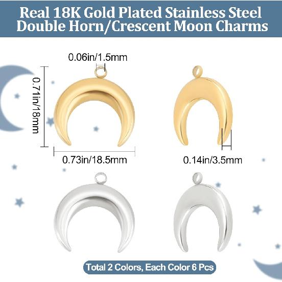 Beebeecraft 12Pcs 2 Colors 18K Gold Plated Moon Charm Silver and Gold Double Horn Dangle Charms with Plastic Box for DIY Necklace Earrings Bracelet