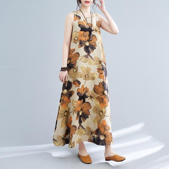Платье из хлопка и льна больших размеров для женщин, летнее, без рукавов, с принтом, свободное, длинное, повседневное, с круглым вырезом, макси-платье