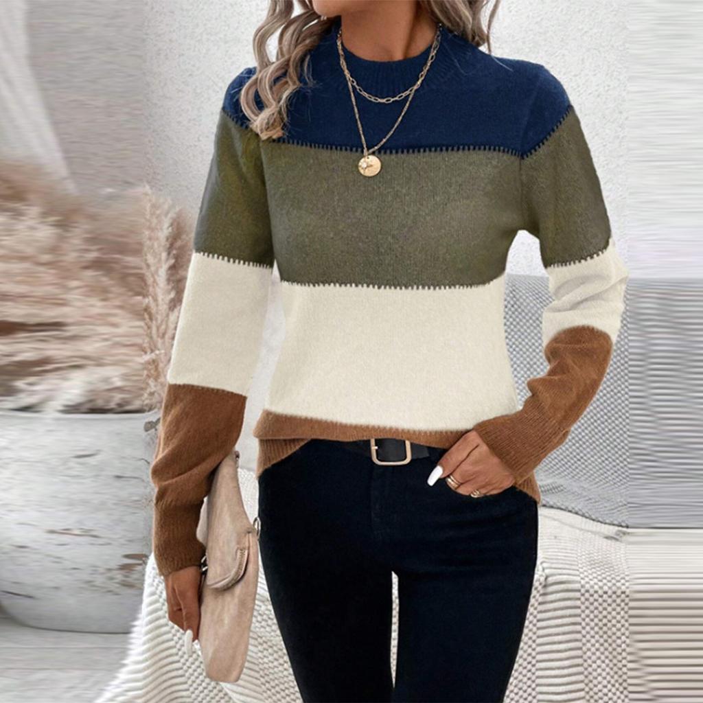 Женский модный контрастный цветной пуловер с круглым вырезом и длинными рукавами, вязаный свитер