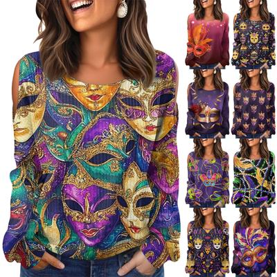 Женская зимняя футболка оверсайз Модная с открытыми плечами Круглый вырез Винтажный цветочный принт Пуловер С длинными рукавами Топ