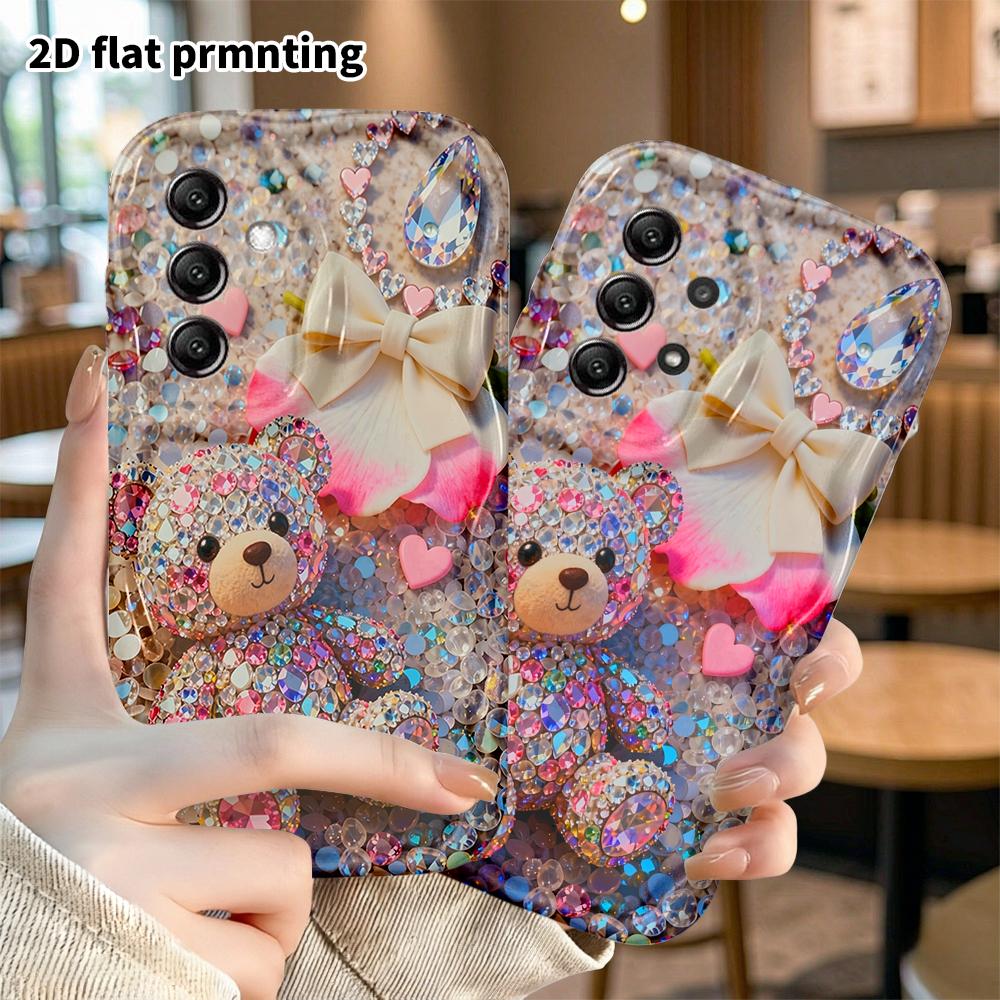 Phone case: 2D flat, suitable for Samsung Galaxy A34 A35 M05 M06 S20 S22 S21 FE Plus 5G protective case, colorful rhinestone bear, perfect holiday gif