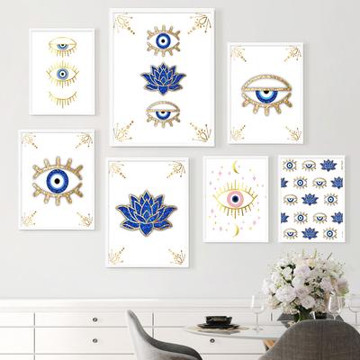 Картины для интерьера Абстрактные злые глаза лотоса холст настенное искусство золото синие постеры и принты для гостиной без рамки