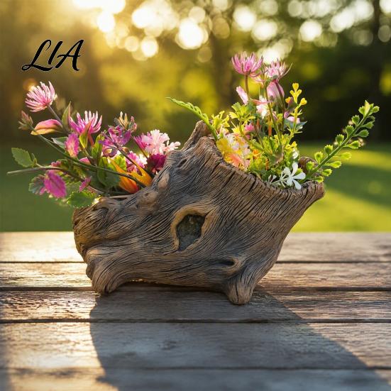 Small Decorative Planters for Gifts Resin Tree Stump Flowerpot Succulents Plants, Imitation Wood Grain Planter Modern Desk Office Indoor Home