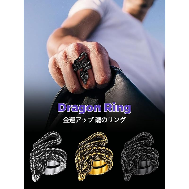 [Richsteel] Dragon Dragon Ring Men's Stainless Ring Black Money Luck Amulet Cool Adult Black Male Accessories No. 18