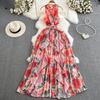 Women's Bohemian V-neck Backless Waisted A-line Ruffled Printed Dress Seaside Vacation Large Swing Long Dress