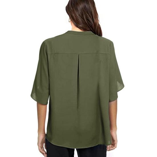 Yousheng Women Tops V-Neck Button Decor Half Sleeve Chiffon Blouse Solid Color Loose Fit Breathable Shirt Tops Daily Wear
