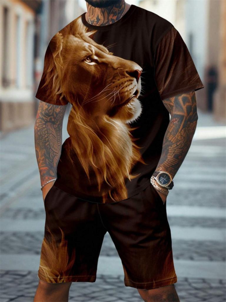 Новый комплект из двух предметов: футболка с круглым вырезом и коротким рукавом, модные шорты с принтом льва 3D, шорты с коротким рукавом, мужской летний спортивный комплект из 2 предметов