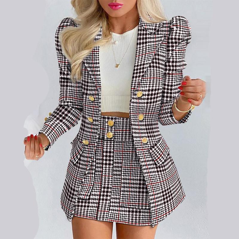 Модная женская одежда, летний осенний блейзер с длинными рукавами, однобортный женский пиджак с принтом и комплект мини-юбки
