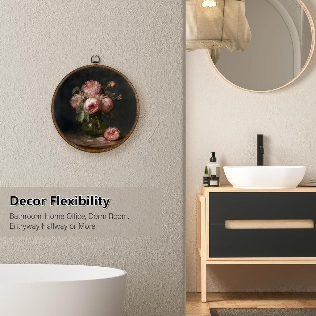 Qskjre Dark Moody Peony Floral Wall Art Decor, Vintage Cottagecore Pink Peonies Flower Round Wood Framed Canvas Wall Artwork, Shabby Chic Hanging